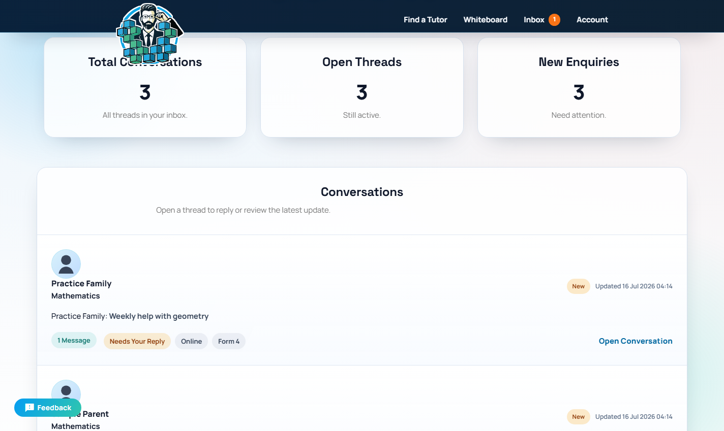 Example learner inbox containing tutor conversations
