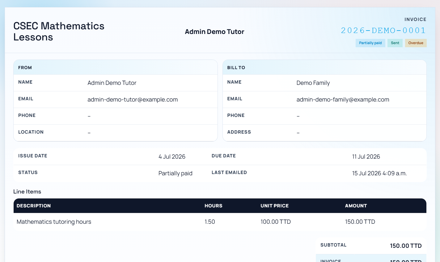 Private Tutoring by Mr. Oudai tutor invoice using demonstration billing records