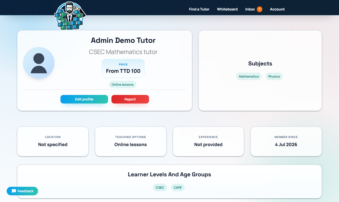 Example Private Tutoring by Mr. Oudai tutor profile showing subjects, lesson rate, and profile details
