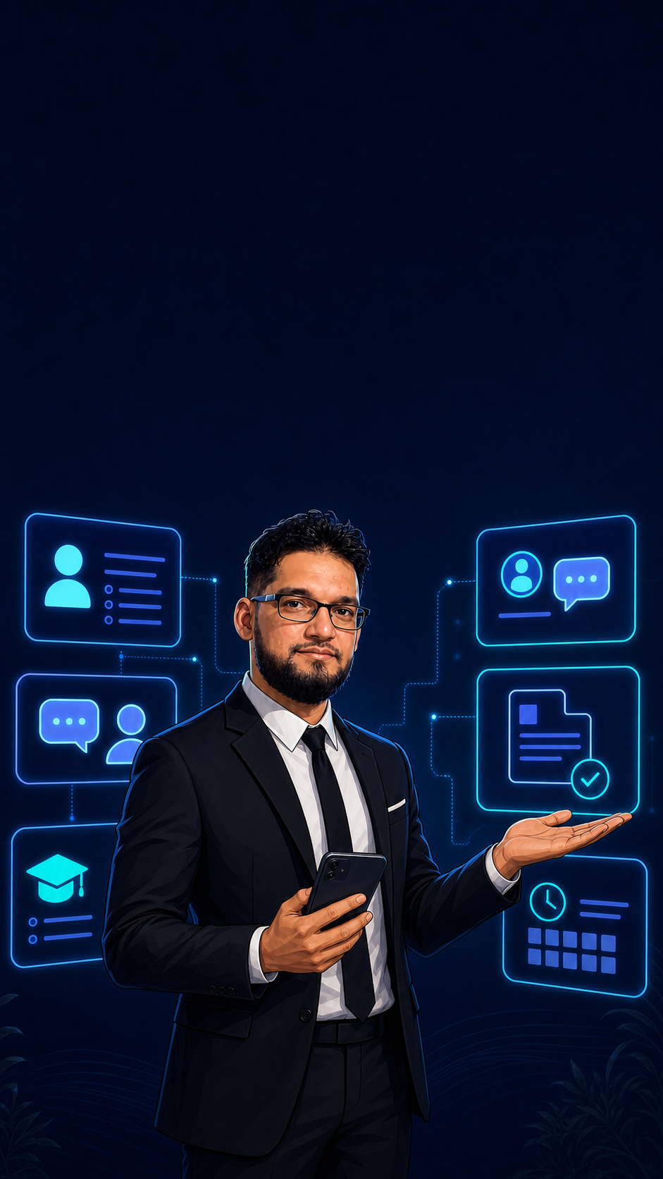 Illustrated tutor presenting connected Private Tutoring by Mr. Oudai tools